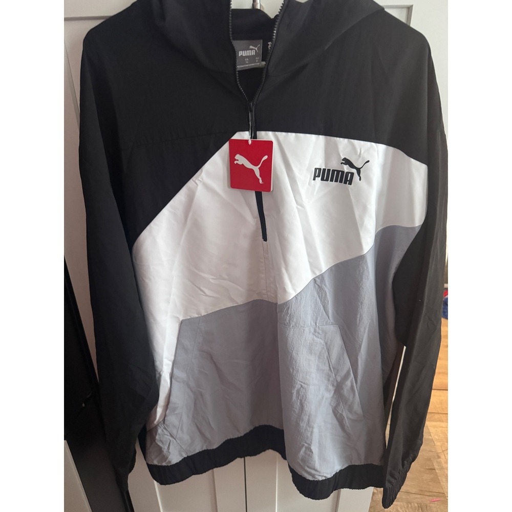 Puma Mens XL Windbreaker Jacket Quarter Zip Hooded Colorblock Black White Grey